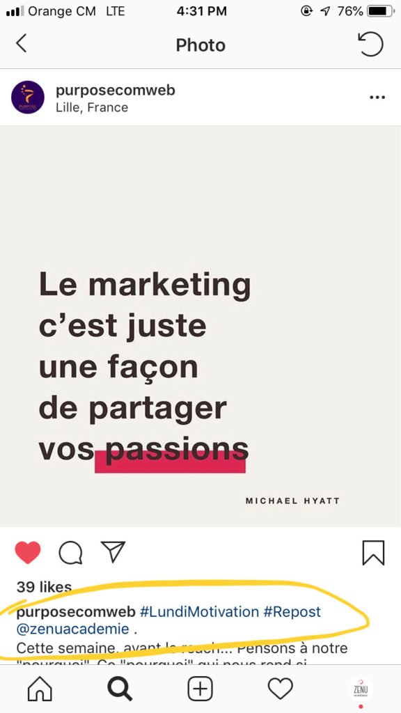 Mention sur une publication Instagram