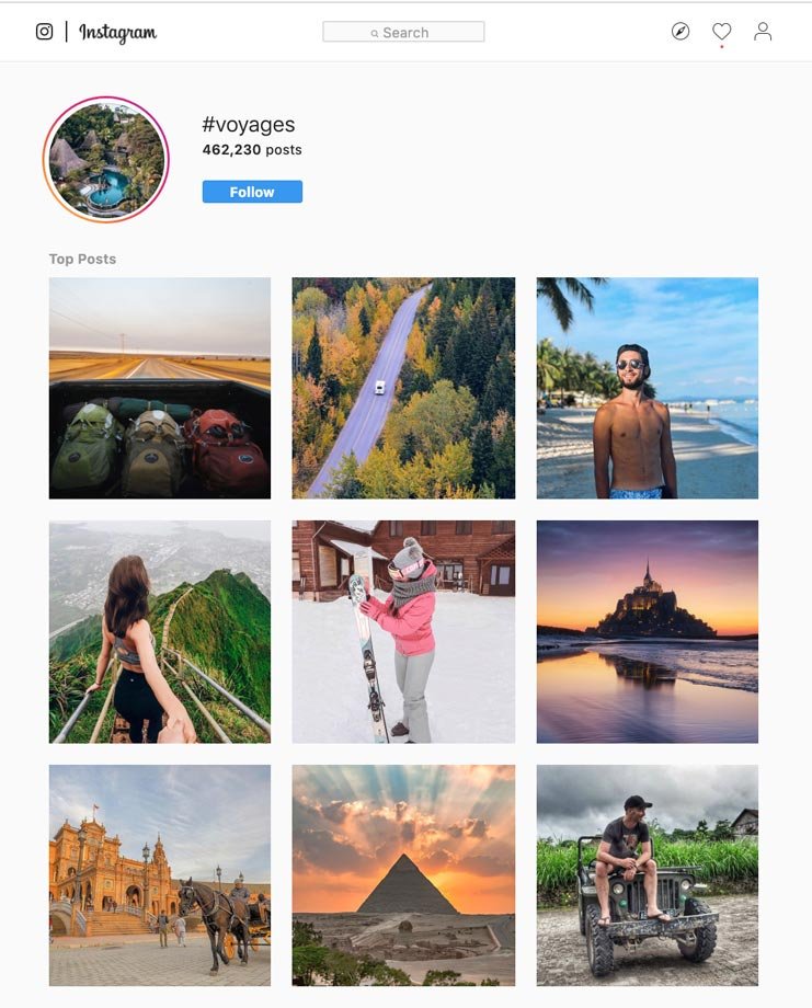 Recherche Instagram pour le mot-clé voyage
