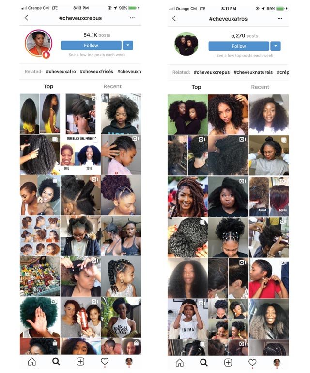 Comparaisons des résultats des hashtags cheveux crépus et cheveux afros