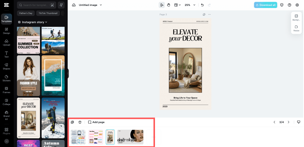 Exemple de page CapCut avec des documents de plusieurs dimensions différentes