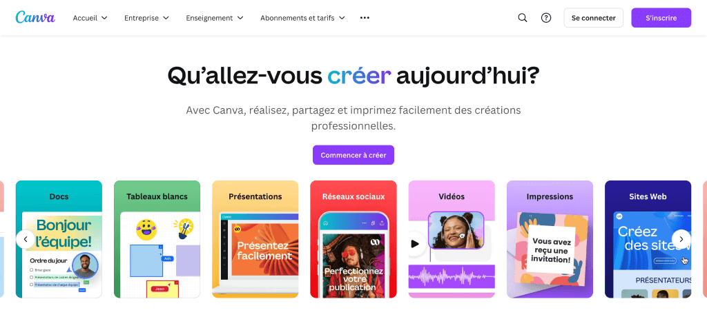 Page d'accueil sur Canva.com, la meilleure application pour créer du contenu visuel
