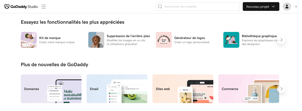 Page d'accueil GoDaddy Studio