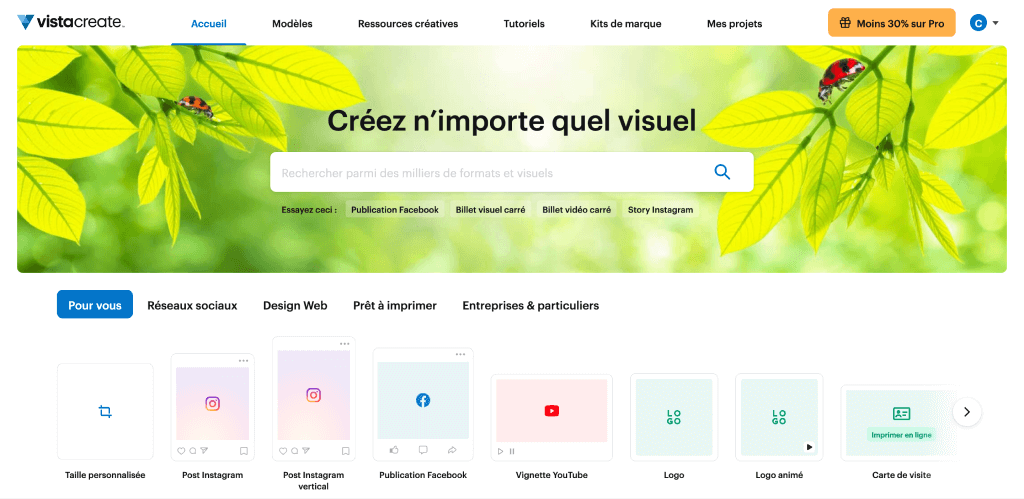 Page d'accueil de Vista Create