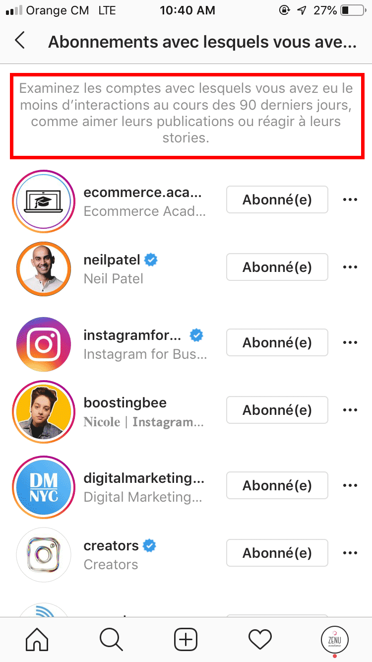 Liste des comptes avec lesquels on interagit le moins