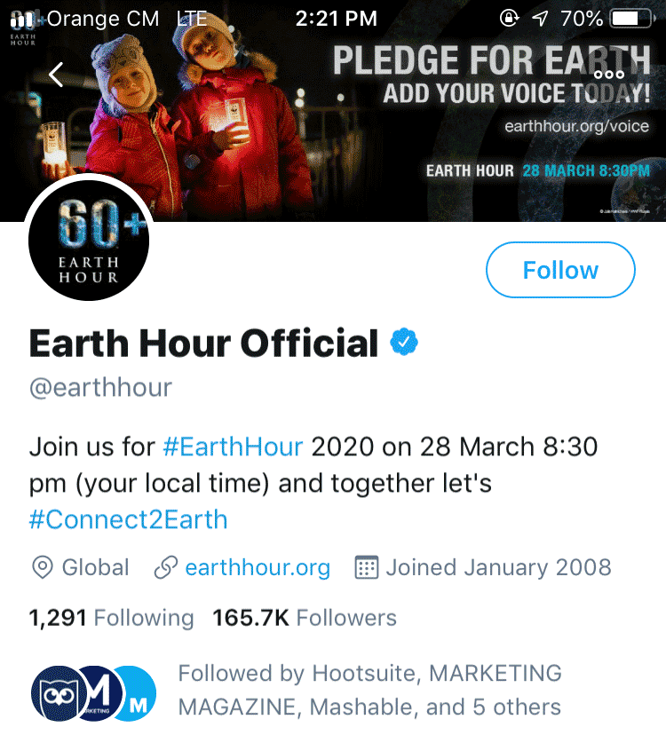 Profil Earth Hour sur Twitter