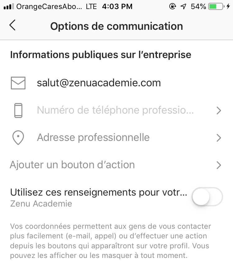 Coordonnées sur Instagram