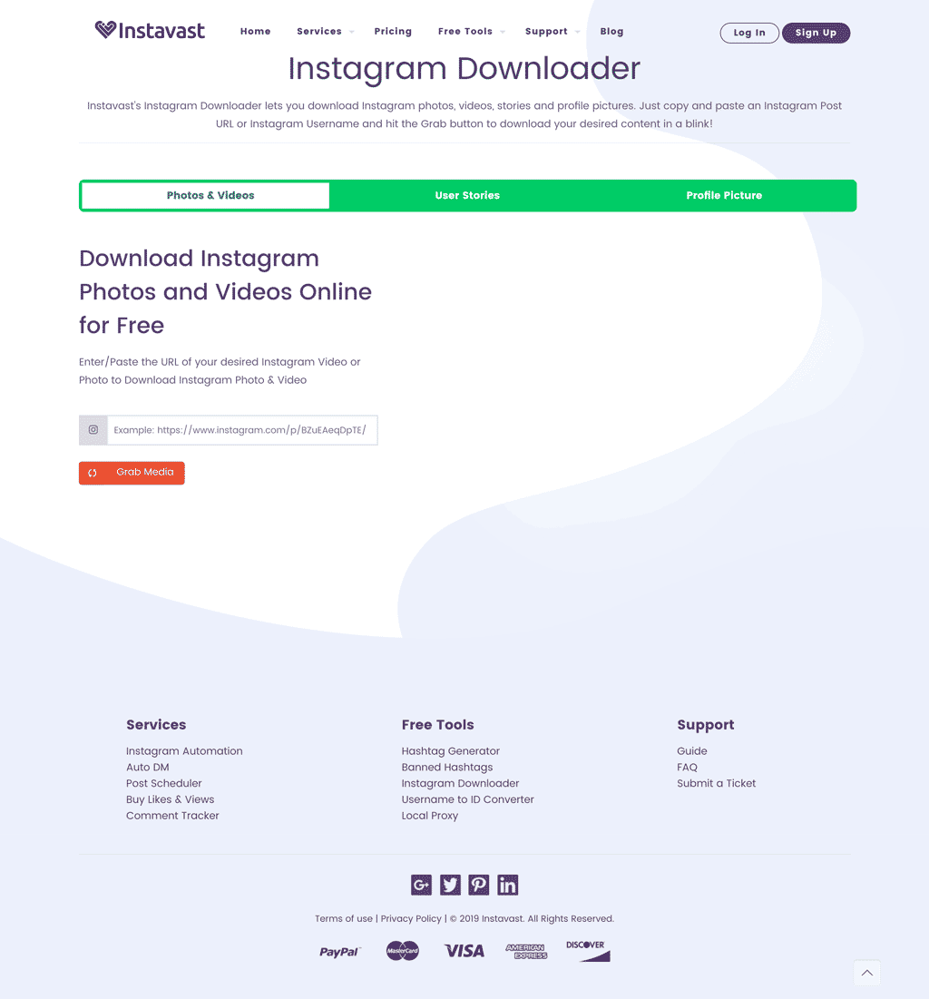 Capture d'écran du site internet Instavast