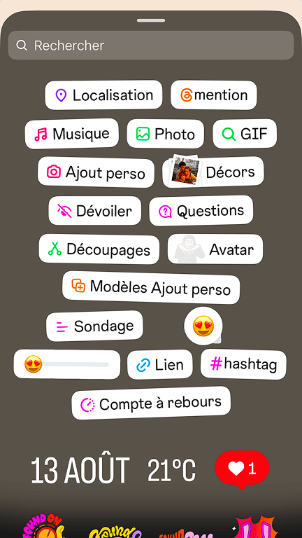 Liste des stickers des stories Insta