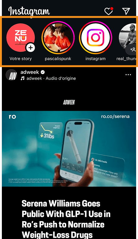 Exemples de stories Instagram à partir d'une page de profil
