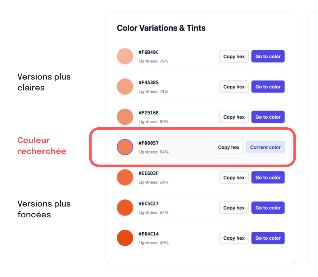 Différents choix de tintes de couleurs dans Colorbook