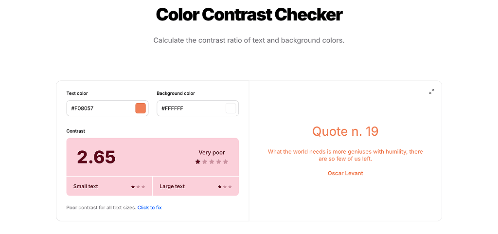 Exemple de résultat d'analyse du Contrast Checker de Coolors
