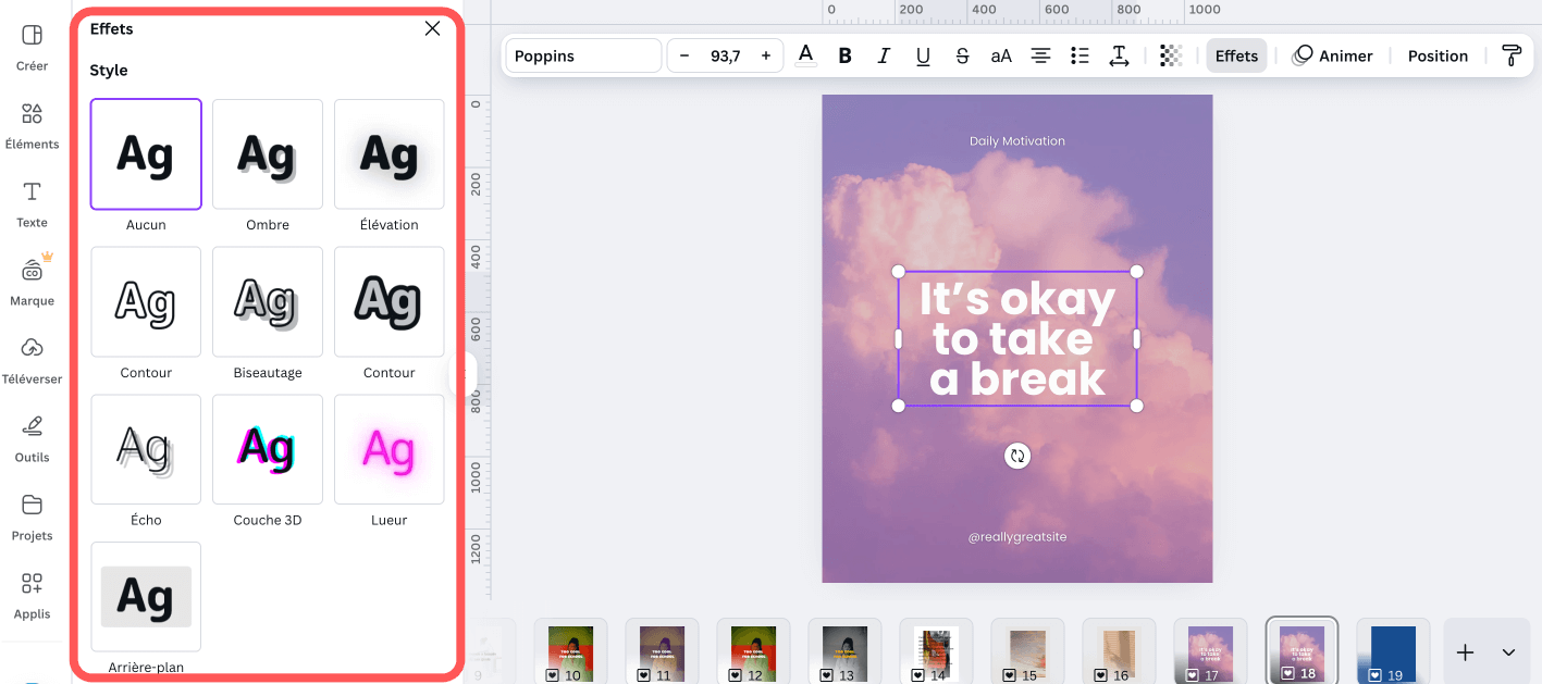 Les effets de texte disponibles dans Canva