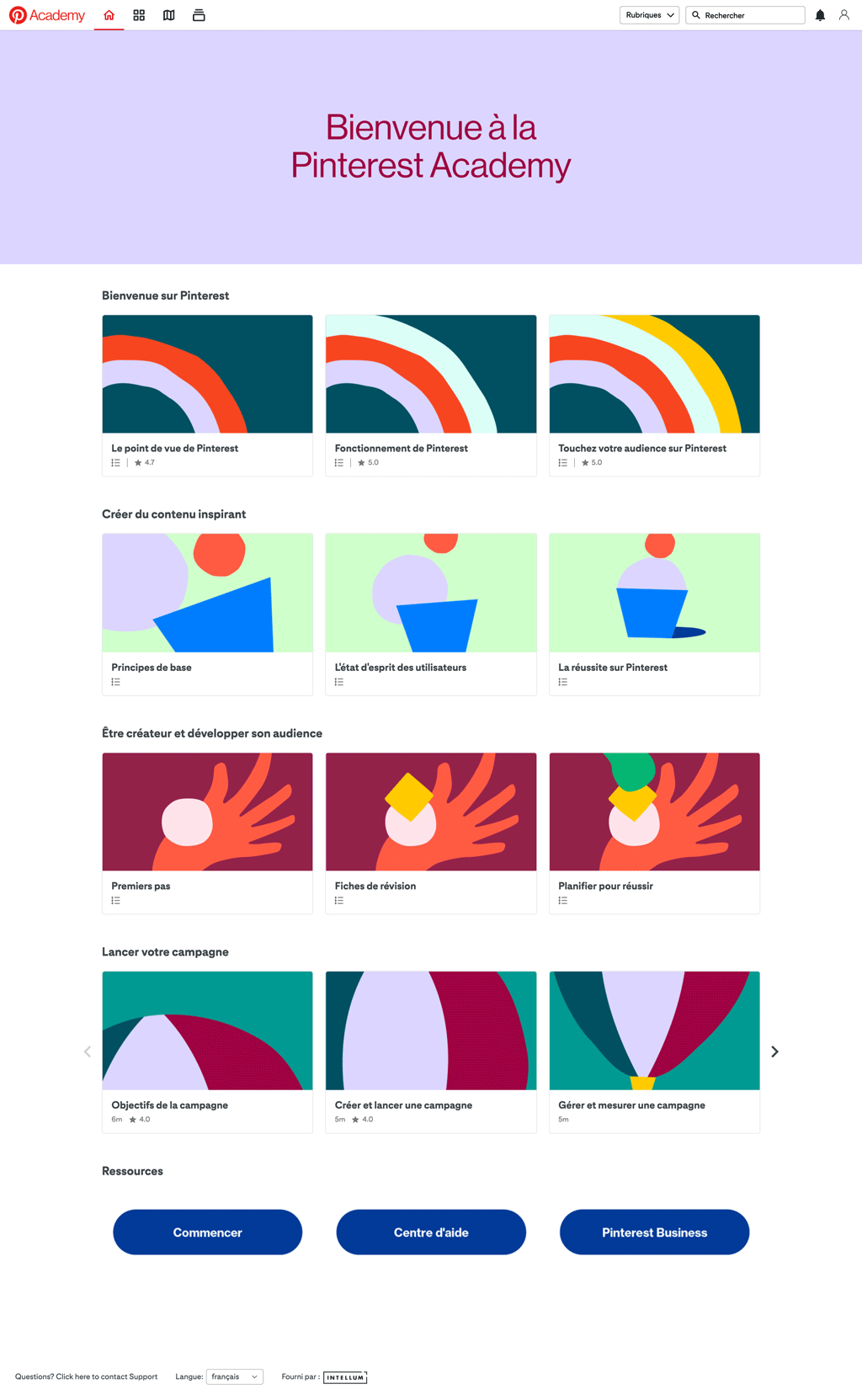 Aperçu de la page d'accueil de Pinterest Academy