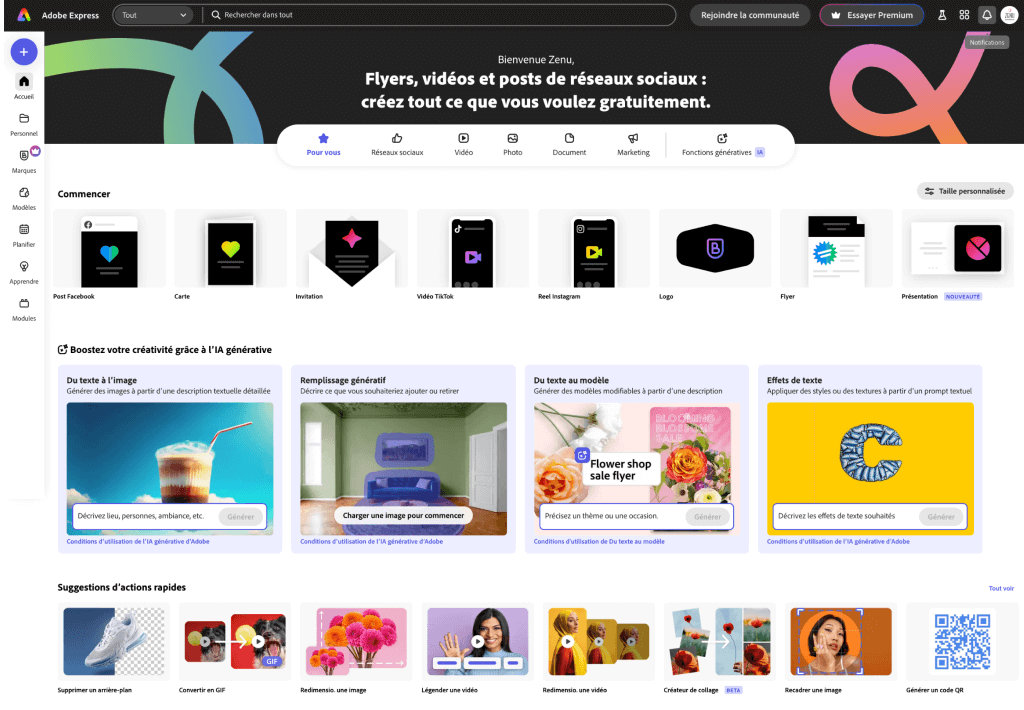 Page d'accueil d'Adobe Express