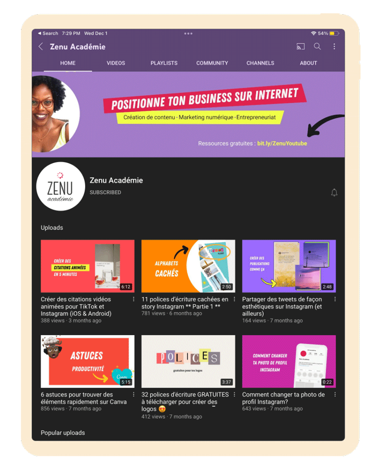 Comment YouTube affiche la photo de couverture sur tablette