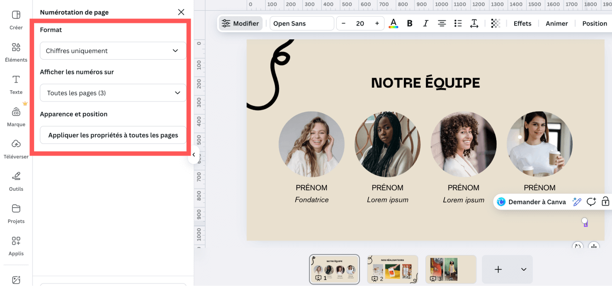 Comment configurer les numéros de pages dans Canva