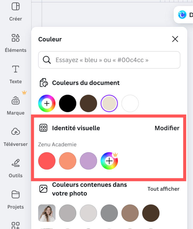 Affichage des couleurs de marque dans Canva