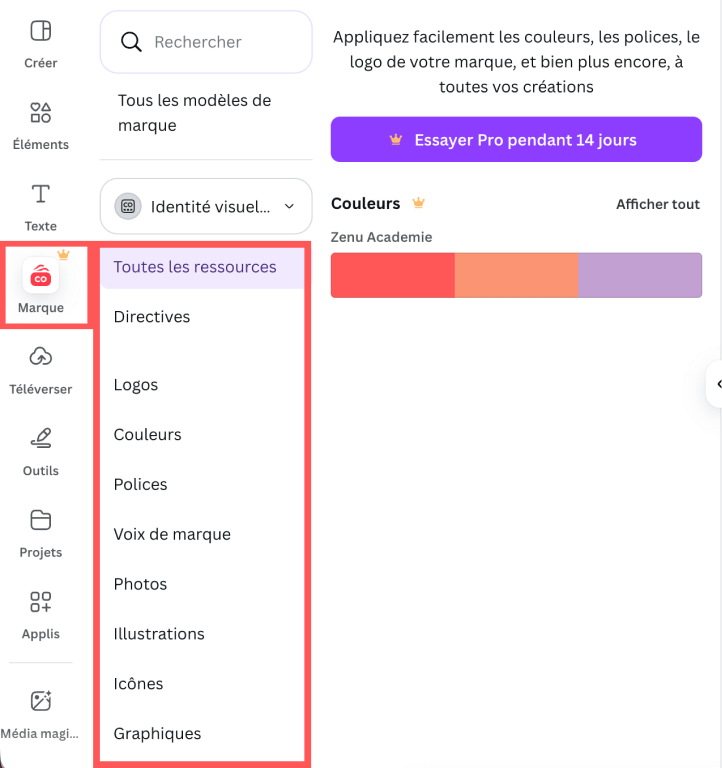 Sous menu de marque dans Canva