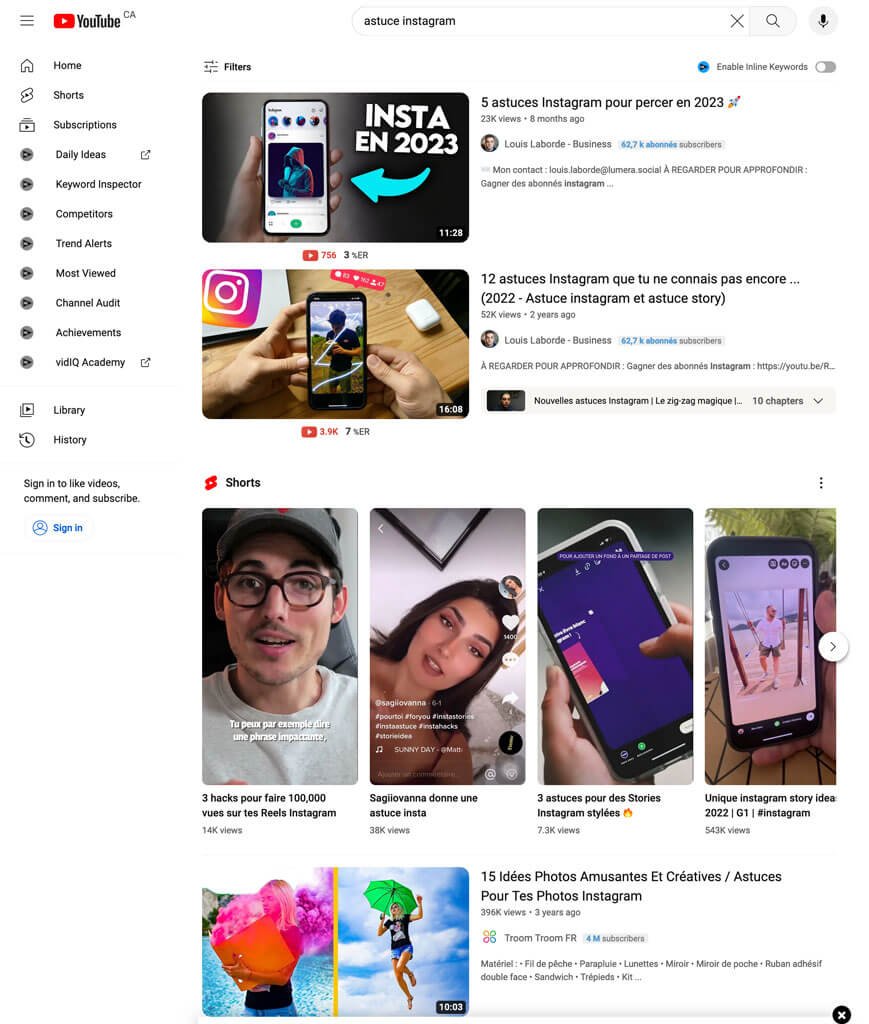 Autre page de résultats de recherche YouTube pour le mot-clé Astuces Instagram