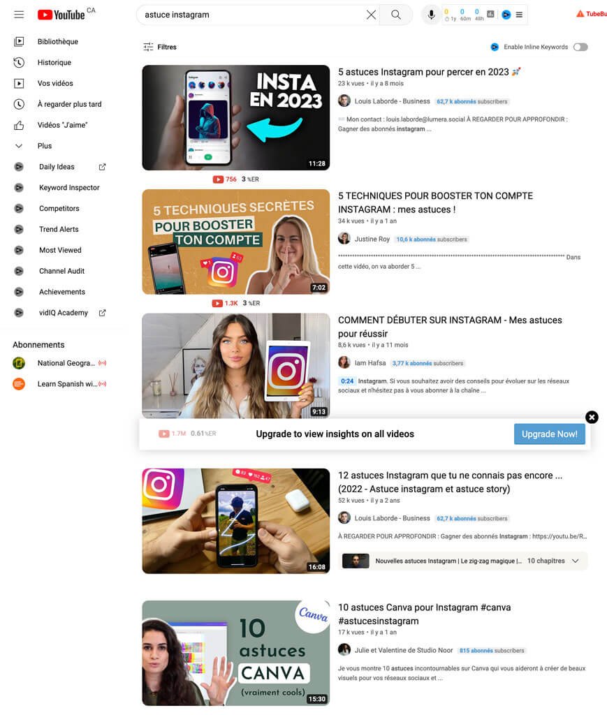 Page de résultats de recherche YouTube pour le mot-clé Astuces Instagram