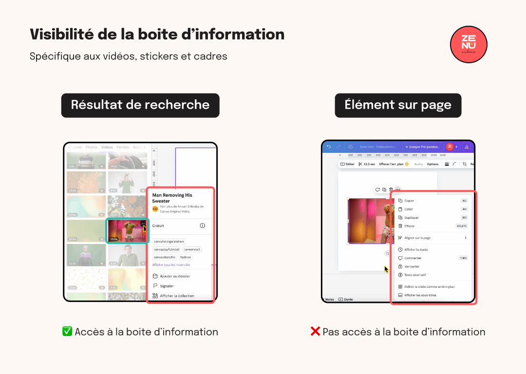 Le bouton d'information n'apparait pas sur une vidéo ajoutée sur une page Canva