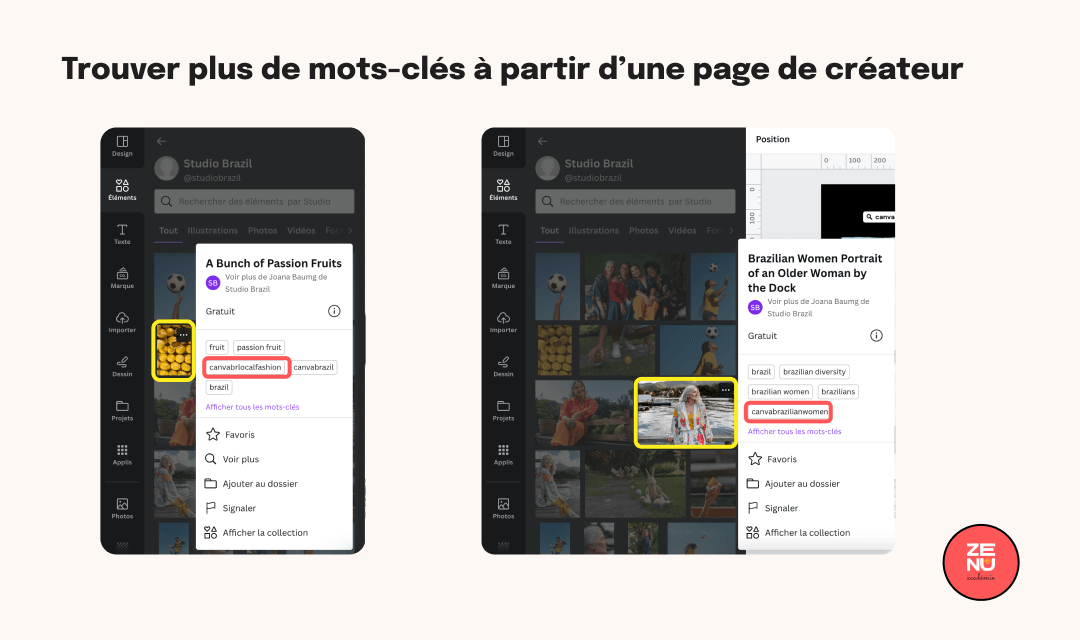 Trouver plus de mots-clés à partir d'une page de créateur Canva