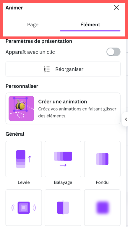 Les animations d'éléments Canva