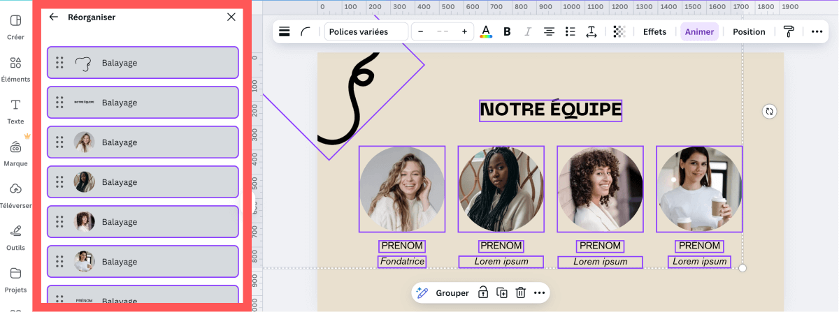 Organiser des éléments d'une diapo avec animation
