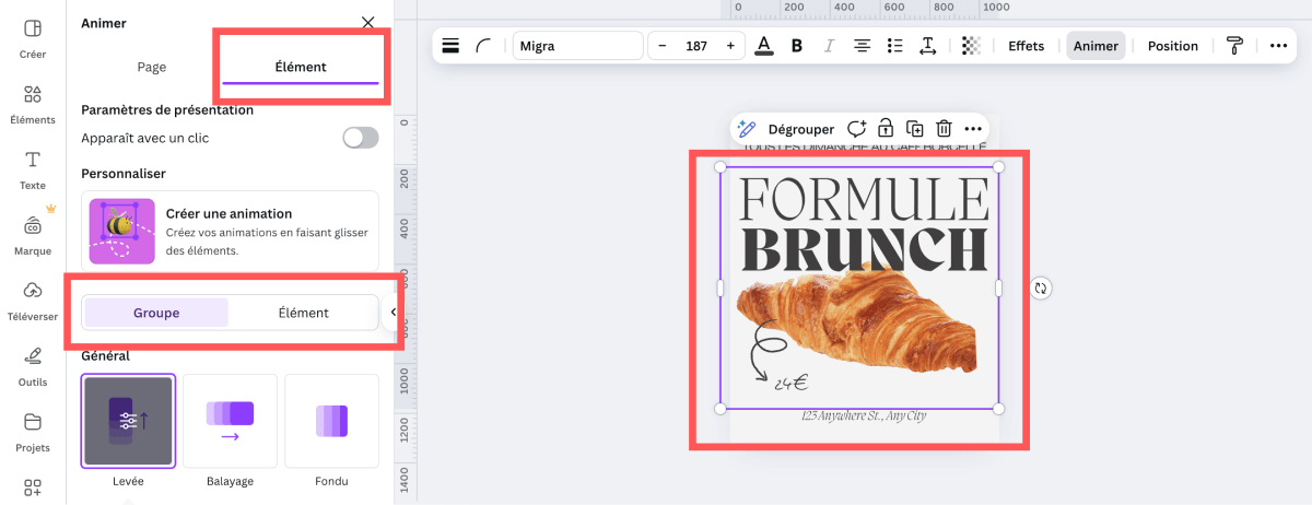 Animations disponibles pour les groupes d'éléments