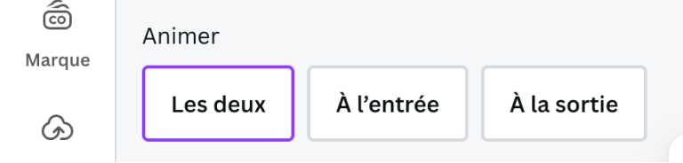 Menu pour animer à l'entrée ou à la sortie dans Canva