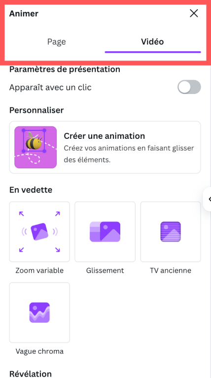 Menu des animations vidéo