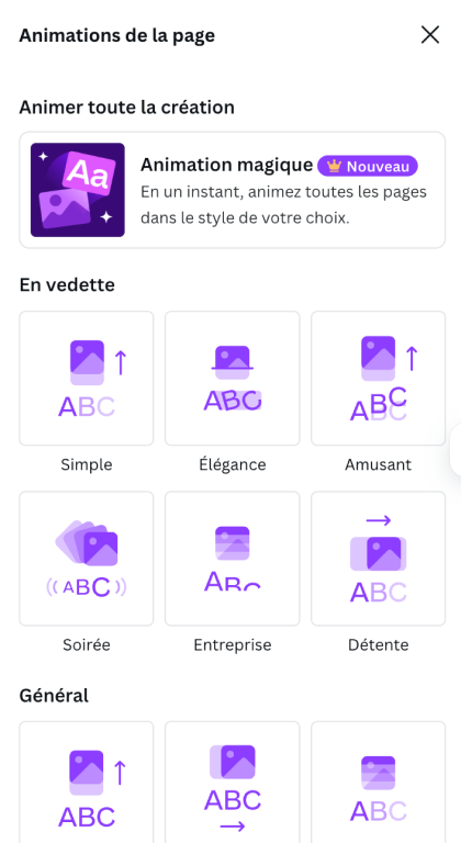 Aperçu des animations de page