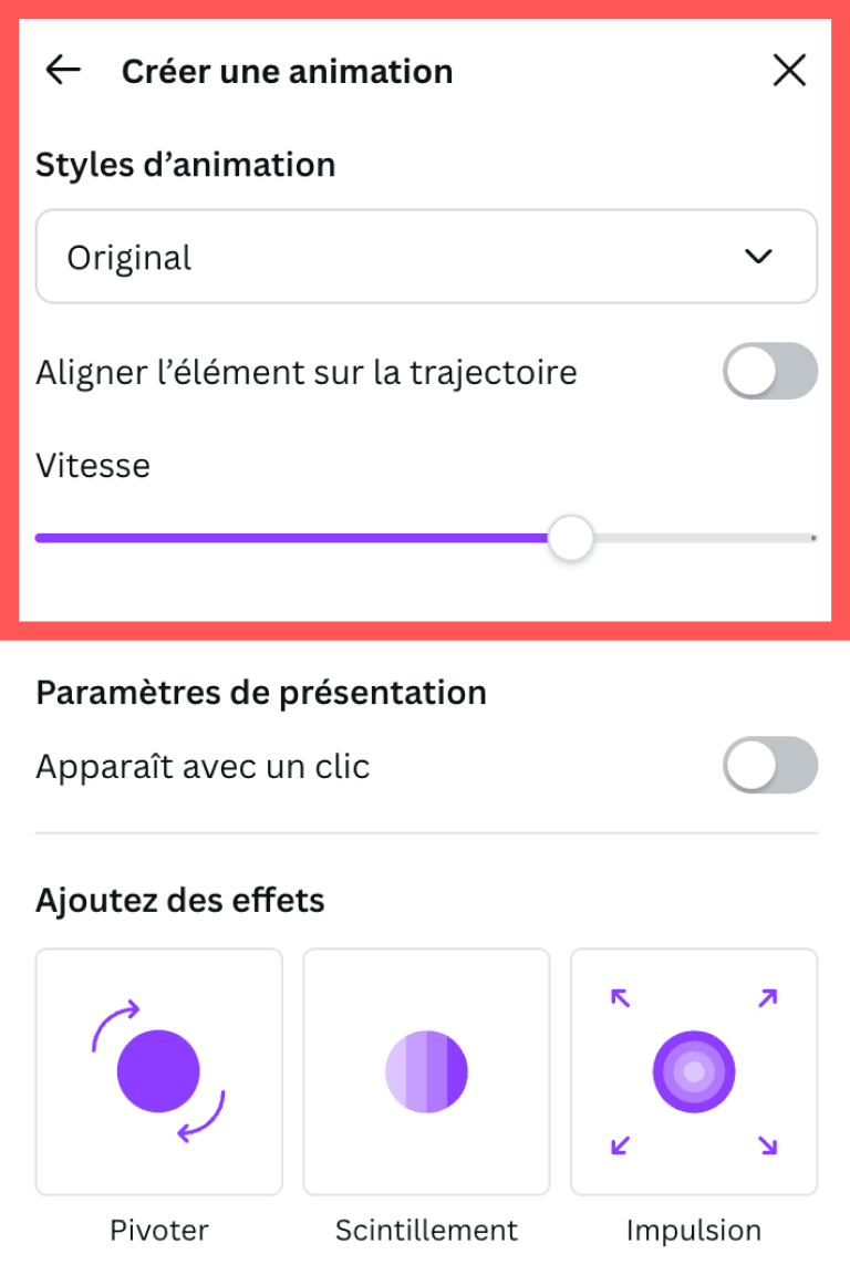 Parametrages des animations personnalisées