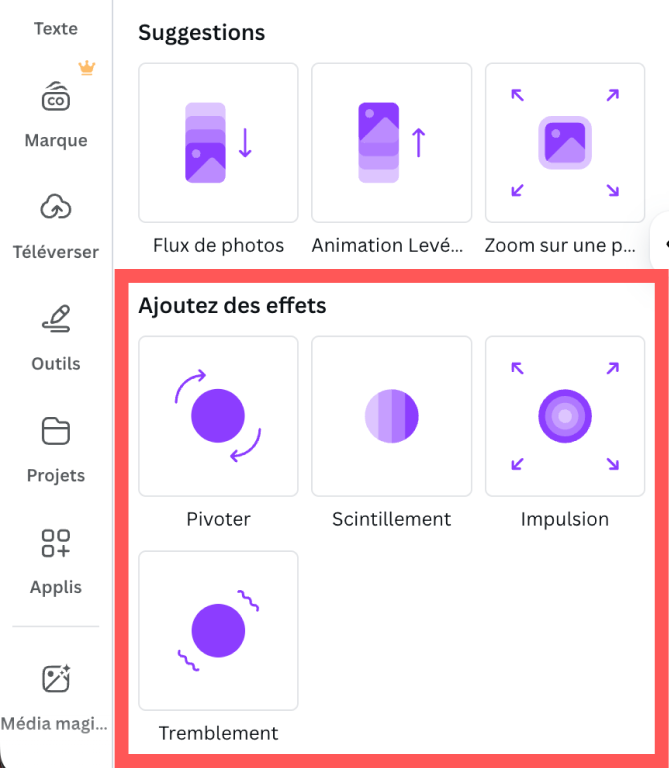Aperçu des effets dans Canva