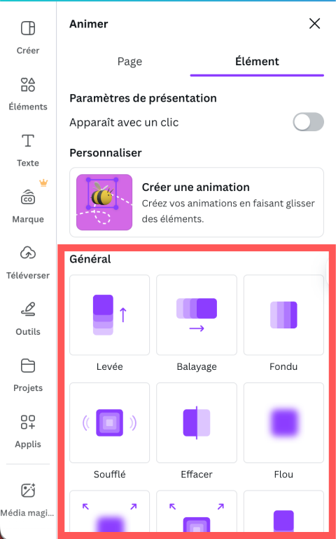 Les animations inclues dans la section Général