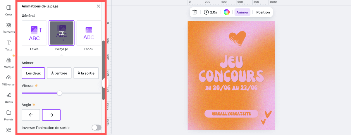 Options de configuration d'animation de page