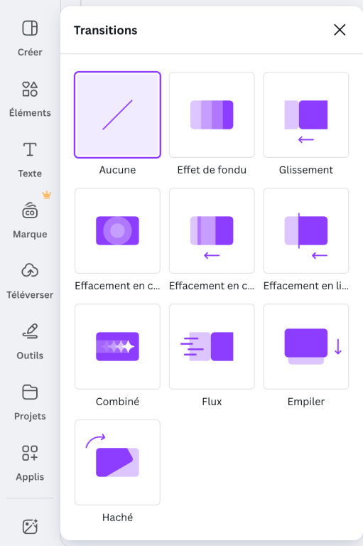 Menu de transitions dans Canva