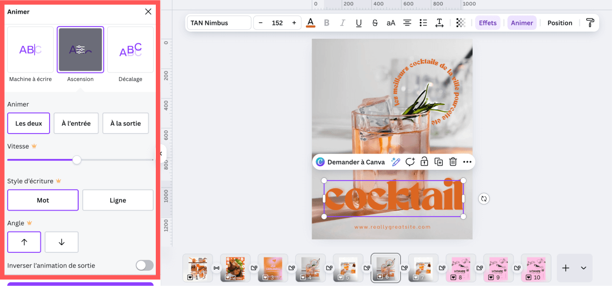 Options de configuration d'une animation Canva