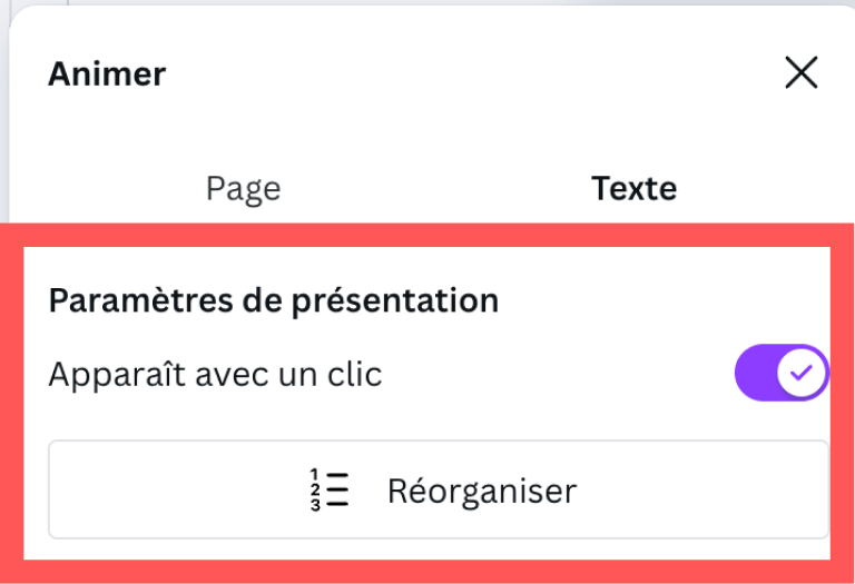 Menu Paramètre de présentation