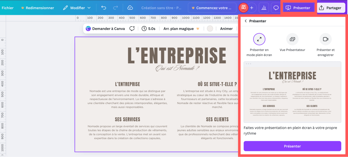Comment passer en mode présentation dans Canva