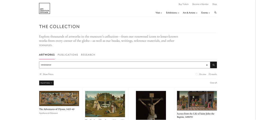 Page de résultats de l'Art Institute de Chicago