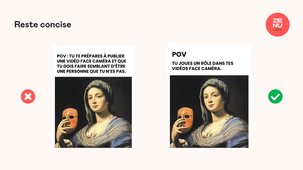 Comparaison de deux mèmes. Un avec texte long, l'autre avec court texte